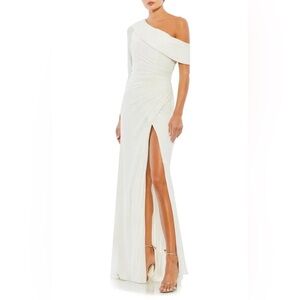 NWT Ieena for Mac Duggal White Ruched Jersey Drop Shoulder Foldover Gown, sz 12